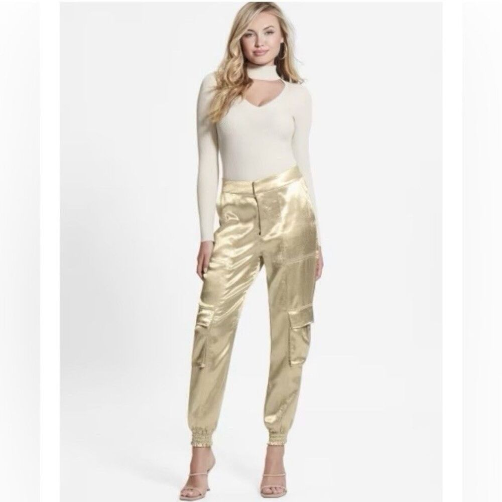 Guess Satin Cargo Joggers Pants High Waist Gold Size Small